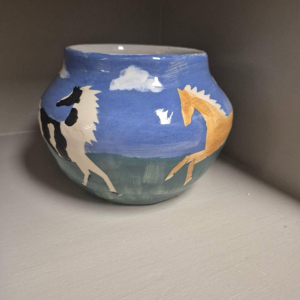 Handcrafted Blue and Green Ceramic bowl with Horse Design